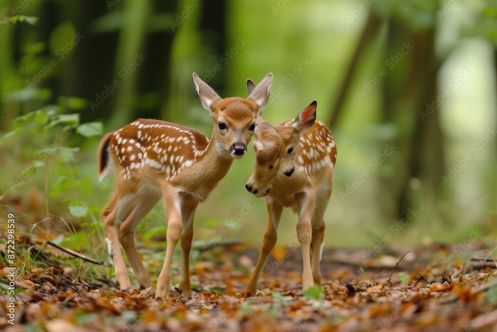 two fawns standing in the woods together, Fawns learning to walk in a forest glade two fawns standing in the woods together, Fawns learning to walk in a forest glade