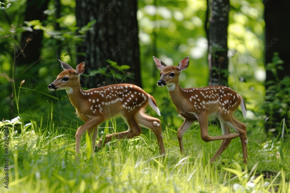 two fawns standing in the woods together, Fawns learning to walk in a forest glade two fawns standing in the woods together, Fawns learning to walk in a forest glade