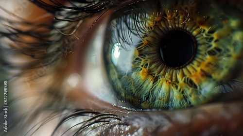 An extreme close-up of a green eye