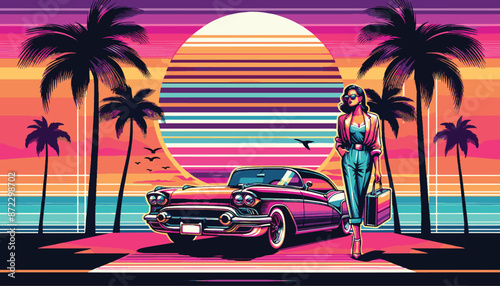 Stylish Lady and Vintage Car on Tropical Sunset Background, Girl and Retro Vehicle, Illustrations for  t-shirt, card, poster, banner, flyer, ad, brochure or background. Fashion illustration art