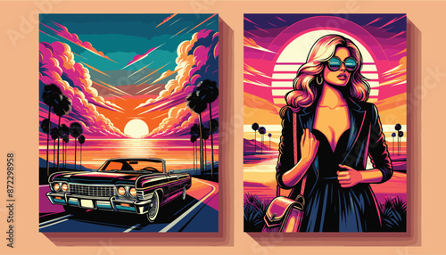 Stylish Lady and Vintage Car on Tropical Sunset Background, Girl and Retro Vehicle, Illustrations for  t-shirt, card, poster, banner, flyer, ad, brochure or background. Fashion illustration art