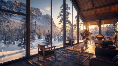 winter cabin with triple-glazed windows, illustrating how the interior remains free of condensation despite external freezing temperatures