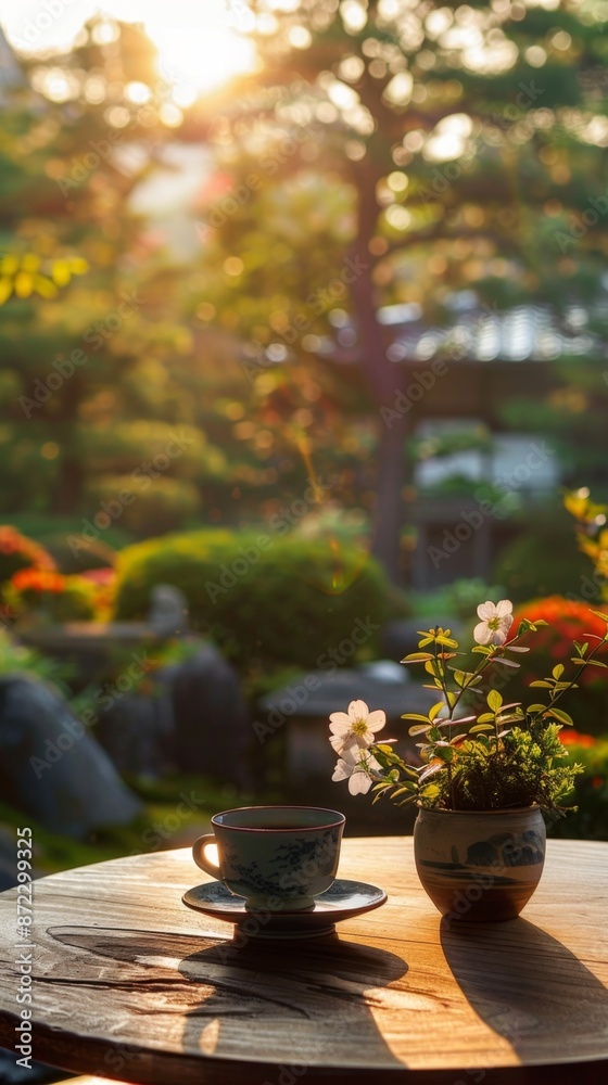 Cup of coffee standing on wooden table in japanese garden during golden hour