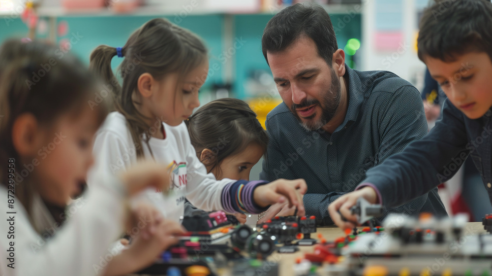 © Karen - A teacher interacting with a group of students in a crafts classroom or laboratory.