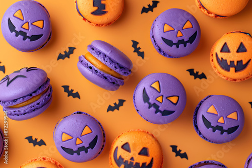  festive halloween themed macarons decorated with spooky faces, bats pattern on the surface  photo