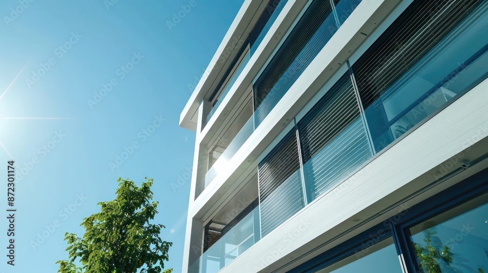 high-end residential building with smart energy-efficient windows that automatically adjust shading and transparency based on the position of the sun high-end residential building with smart energy-efficient windows that automatically adjust shading and transparency based on the position of the sun