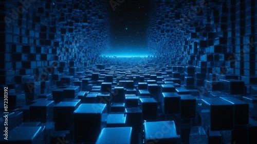 Cityscape of Cubes, A mesmerizing 3D render of a futuristic cityscape built from glowing blue cubes. A luminous beam of light pierces the darkness, illuminating the intricate geometric patterns