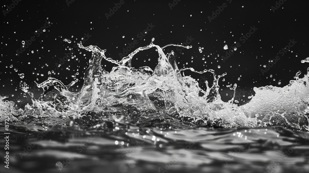 A black and white image of a crashing ocean wave, with water droplets splashing A black and white image of a crashing ocean wave, with water droplets splashing
