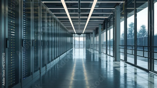 high-tech data center with energy-efficient windows that balance natural light and insulation, creating a more pleasant and energy-efficient work environment for technicians