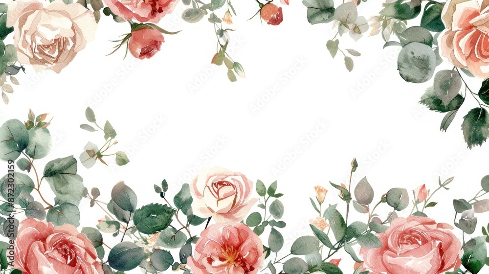 Elegant watercolor floral frame with pink and green roses and leaves ...