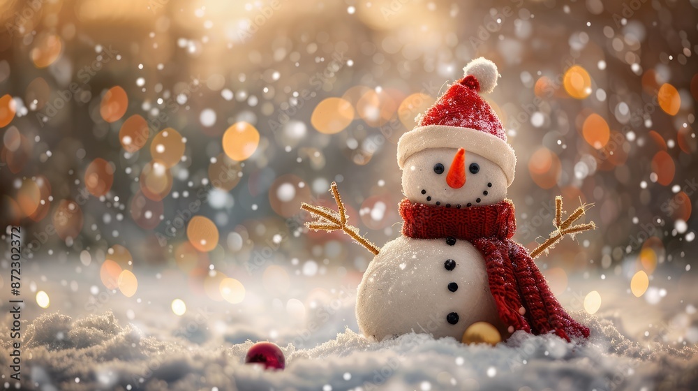 Cheerful snowman in red hat and scarf amidst falling snowflakes with festive lights in the background, capturing the essence of winter and holiday spirit. Cheerful snowman in red hat and scarf amidst falling snowflakes with festive lights in the background, capturing the essence of winter and holiday spirit.