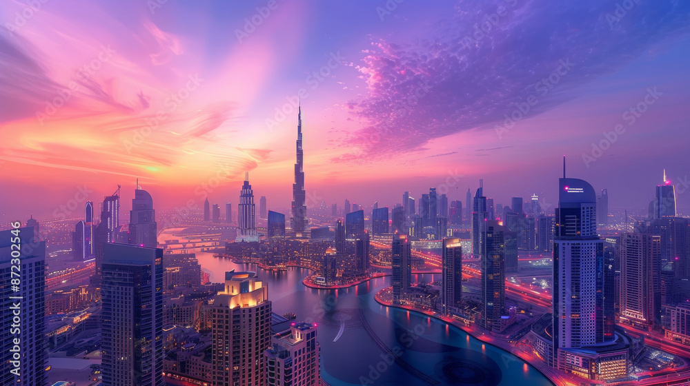 Fototapeta premium Dubai's stunning skyline at dawn, with its towering skyscrapers and beautiful architecture casting a vibrant glow.
