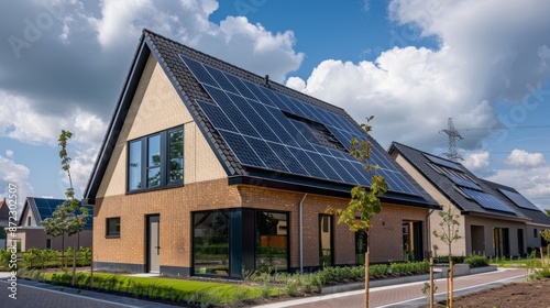 A modern, brick home with solar panels installed on the roof stands in a residential neighborhood on a sunny day. The home is surrounded by green landscaping and a paved driveway © liliyabatyrova