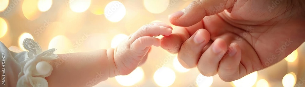 Tender moment of a baby holding an adult's finger against a blurred background with warm bokeh lights, symbolizing love and connection. Tender moment of a baby holding an adult's finger against a blurred background with warm bokeh lights, symbolizing love and connection.