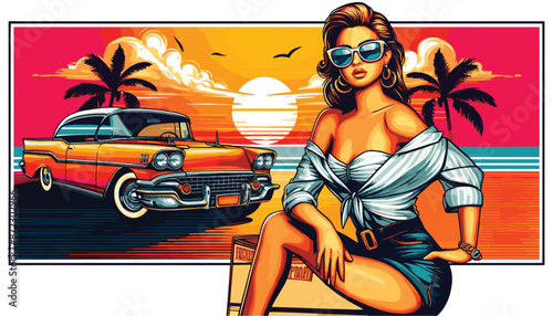 Stylish Lady and Vintage Car on Tropical Sunset Background, Girl and Retro Vehicle, Illustrations for  t-shirt, card, poster, banner, flyer, ad, brochure or background. Fashion illustration art