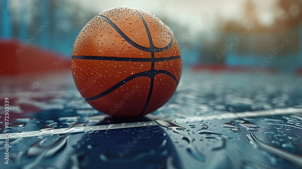 Street basketball on urban court after rain and basketball hoop in the background Street basketball on urban court after rain and basketball hoop in the background