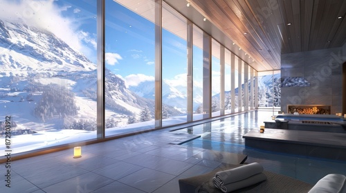 Wallpaper Mural luxury spa retreat with walls made entirely of energy-efficient windows, offering panoramic views of snowy mountains while keeping the warmth inside Torontodigital.ca