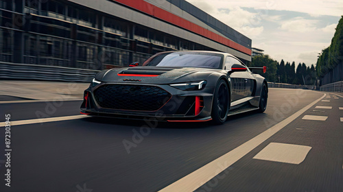 Matte red and black color sports car on race track