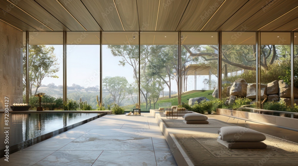 luxury wellness center with expansive energy-efficient windows that allow for stunning views of the surrounding serene landscapes, enhancing the relaxation experience for guests
