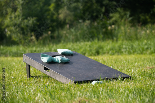 Cornhole set outdoor lawn game on a green lawn