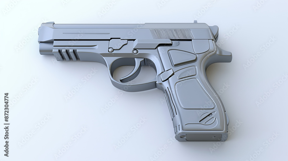 A 3D image of a handgun pistol isolated on a white background.
