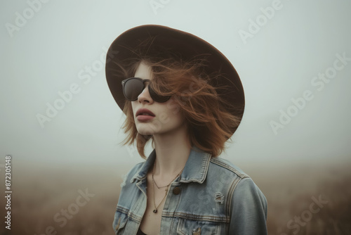 stylish woman with wavy auburn hair wearing a brown hat and sunglasses in a misty field photo