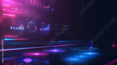 Hologram of web application UI, blue purple dark background