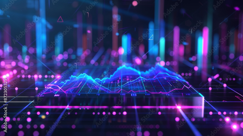 Analytical chart in the black rectangle floating in the air on a black empty background, blue and purple Analytical chart in the black rectangle floating in the air on a black empty background, blue and purple