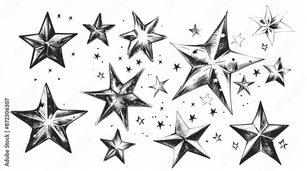 Hand-drawn stars in different sizes and shapes on a white background. The stars are rendered in vector format, ensuring they can be scaled to any size without losing quality. Hand-drawn stars in different sizes and shapes on a white background. The stars are rendered in vector format, ensuring they can be scaled to any size without losing quality.
