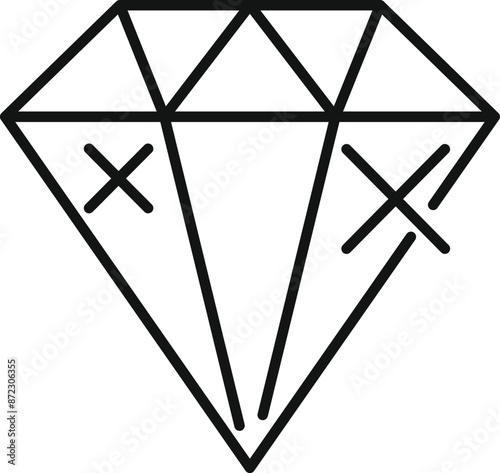Linear icon of a diamond with two crosses, representing the concept of a fake gemstone