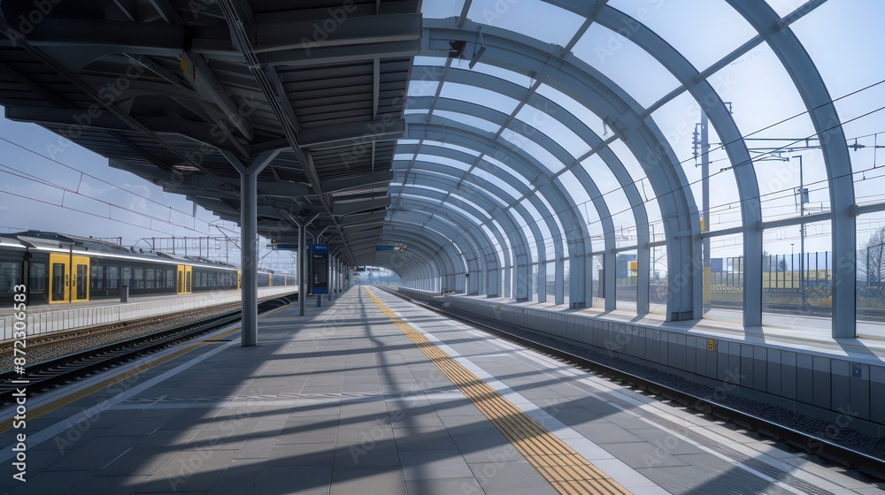 modern train station with large, curved energy-efficient windows that reduce noise pollution and thermal transfer, enhancing passenger comfort modern train station with large, curved energy-efficient windows that reduce noise pollution and thermal transfer, enhancing passenger comfort