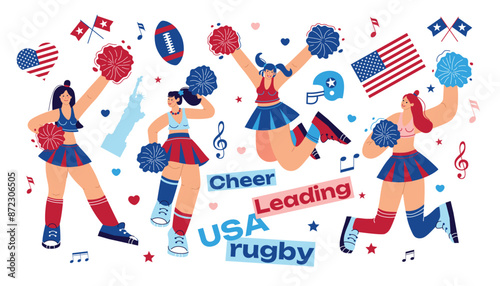 Cheer leading Usa girls dancers figure vector illustration isolated. Sport support. High school, college formation. Gymnastic legs apart pose perform. Energy dance fan smiling