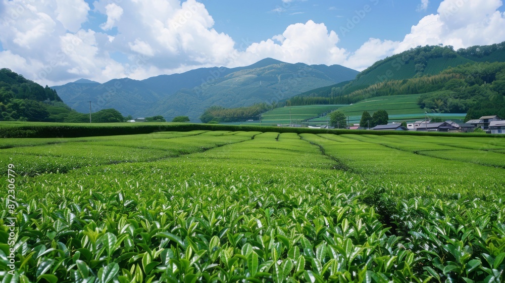A picturesque view of a vast tea plantation in the Japanese mountains on a sunny summer day. The bright green tea plants stretch out as far as the eye can see A picturesque view of a vast tea plantation in the Japanese mountains on a sunny summer day. The bright green tea plants stretch out as far as the eye can see