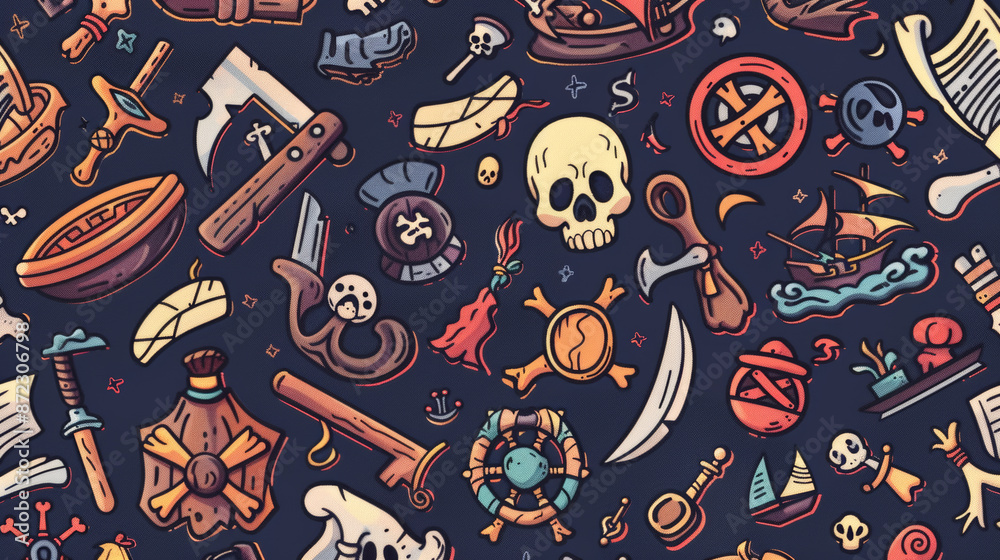 Pirate-themed pattern with cartoonish pirate items and objects in a seamless design. Pirate-themed pattern with cartoonish pirate items and objects in a seamless design.