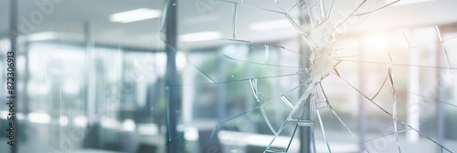 Shattered glass window with a view of an office interior. Sunlight streams through the broken glass, creating a scene of vulnerability and risk. Sharp shards threaten safety within the workspace.