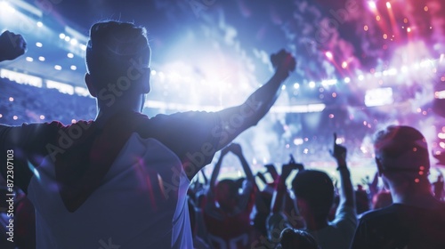 Overjoyed Football Fan Exults in Triumph of Their Beloved Team, Surrounded by Glowing Stadium Lights and Dazzling Fireworks, Creating a Magical Atmosphere of Pure Euphoria and Unbridled Celebration