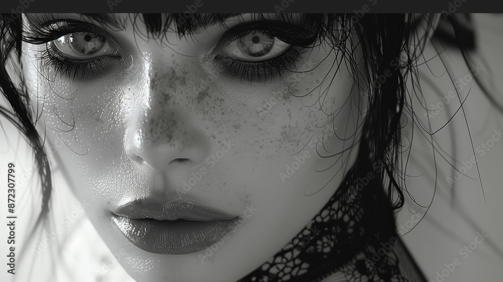 Fototapeta premium Close-Up Black And White Portrait Of A Woman With Freckles And Wet Hair