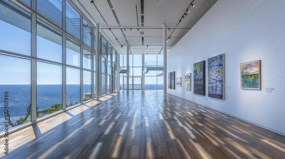 seaside art gallery with floor-to-ceiling energy-efficient windows that protect artworks from sunlight damage while offering visitors stunning ocean views seaside art gallery with floor-to-ceiling energy-efficient windows that protect artworks from sunlight damage while offering visitors stunning ocean views