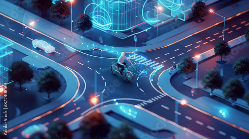 Fototapeta Naklejka Na Ścianę i Meble -  Electric bikes, small autonomous vehicles, and well-maintained roads with smart lighting and traffic management. 