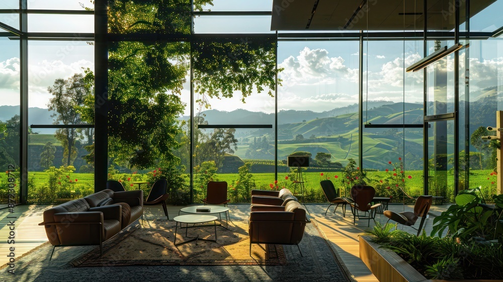 Image showcasing sustainable boutique hotel with energy-efficient windows that frame the ...