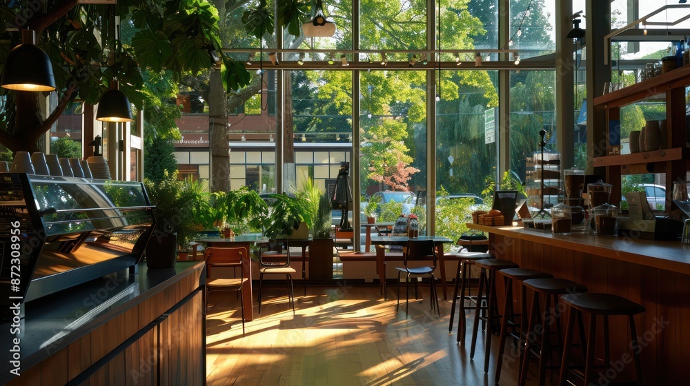 sustainable coffee shop with energy-efficient windows that create a warm, inviting space using natural light, reducing the need for artificial heating and enhancing the ambiance sustainable coffee shop with energy-efficient windows that create a warm, inviting space using natural light, reducing the need for artificial heating and enhancing the ambiance