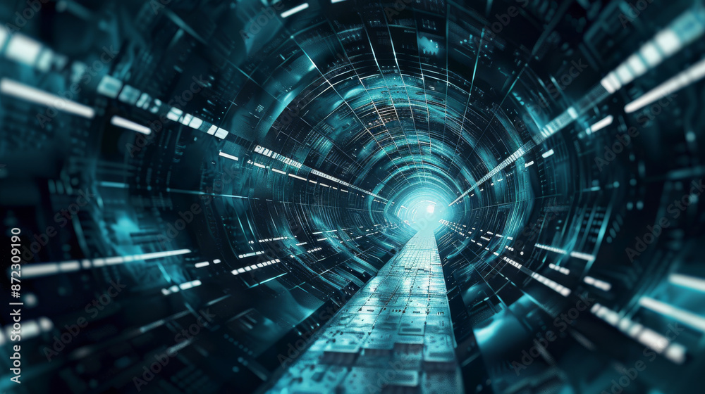 A 3D image of a dark, mysterious tunnel in space. The tunnel is futuristic and shaped like a spaceship corridor. It represents information technology, digital technology, and geometric shapes. A 3D image of a dark, mysterious tunnel in space. The tunnel is futuristic and shaped like a spaceship corridor. It represents information technology, digital technology, and geometric shapes.