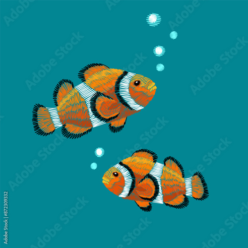 Clownfish embroidery sea patch. Fashion marine print coral fishes design for clothes. Classic stitch texture detailed vector illustration