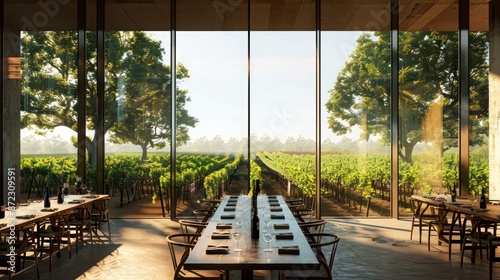 sustainable vineyard with a tasting room that features energy-efficient windows, offering panoramic views of the vineyards while maintaining the perfect climate for wine preservation