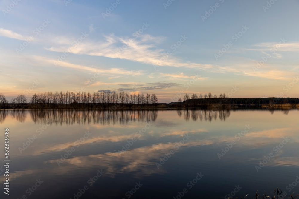 a row of trees without foliage and a lake shore at sunset in spring a row of trees without foliage and a lake shore at sunset in spring