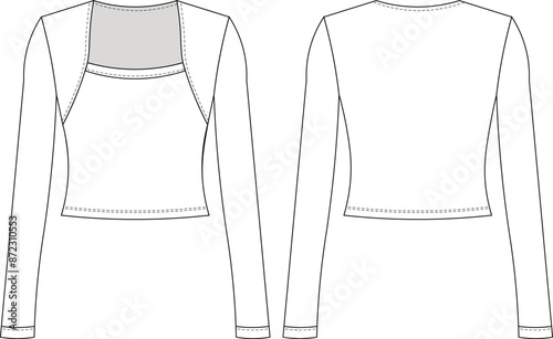 square neck long sleeve fit basic blouse top template technical drawing flat sketch cad mockup fashion woman design style model
