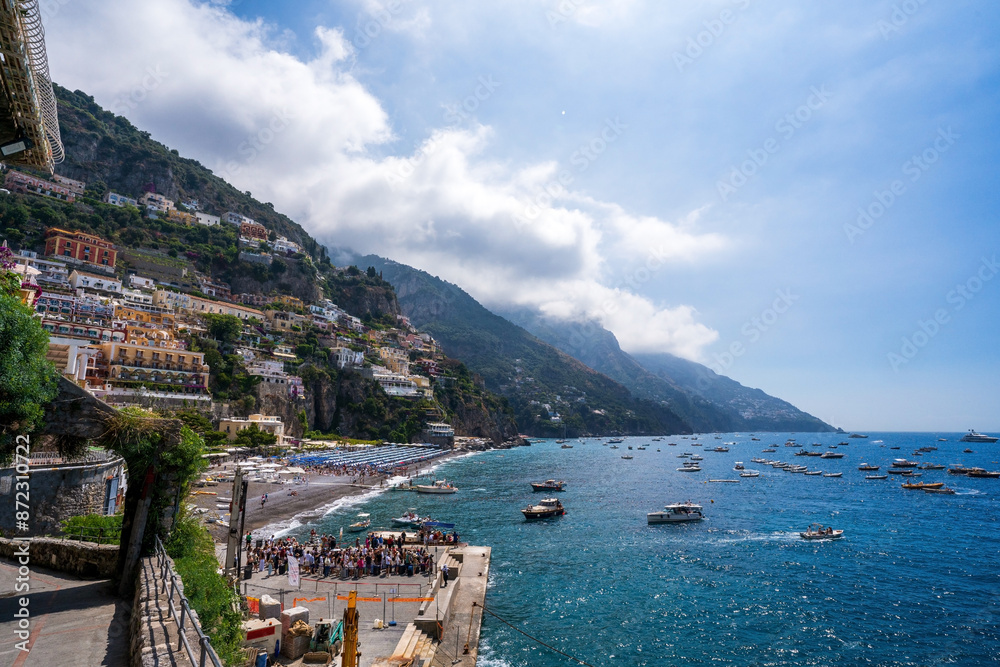 Stunning view over Positano beach on Amalfi coast in Italy
