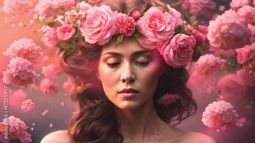 The women's hair undergoes a metamorphosis, turning into a graceful river that flows down her shoulders, adorned with blossoming flowers