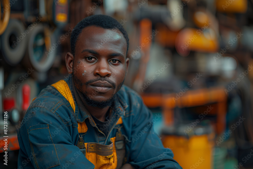 Fototapeta premium Thinking Garage Worker. Intelligence Mechanic auto service. African male think idea solve car problem