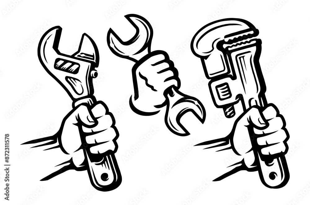 Working tool in hand. Wrench and fist. Service work, repair concept. Vector illustration Working tool in hand. Wrench and fist. Service work, repair concept. Vector illustration